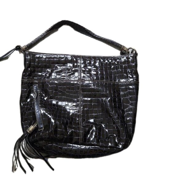 Brighton Handbags - Brighton Cher Black Patent Croc Embossed Large Shoulder Bag Tassel Purse GUC